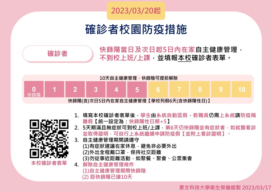 2023年3月20起確診者校園防疫措施